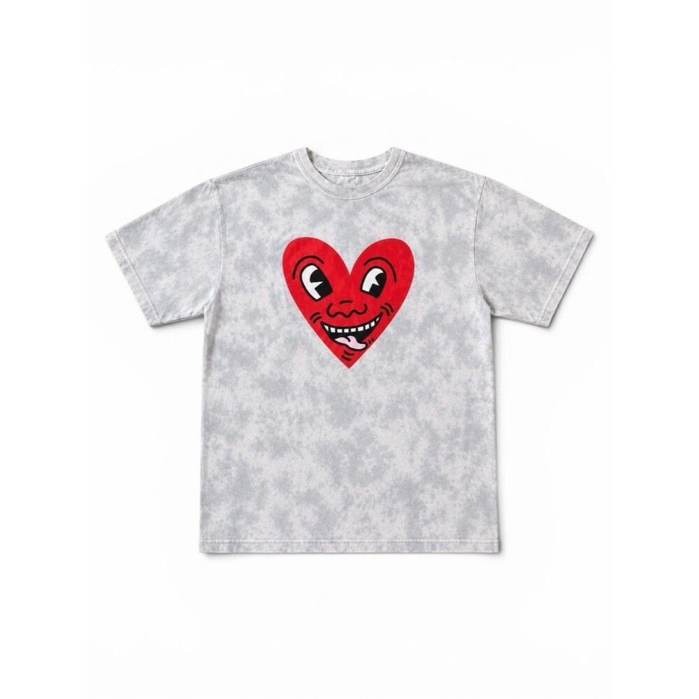 Keith Haring Tie Dye Heart Graphic Tee Gray Red Art Shirt Size Small Streetwear